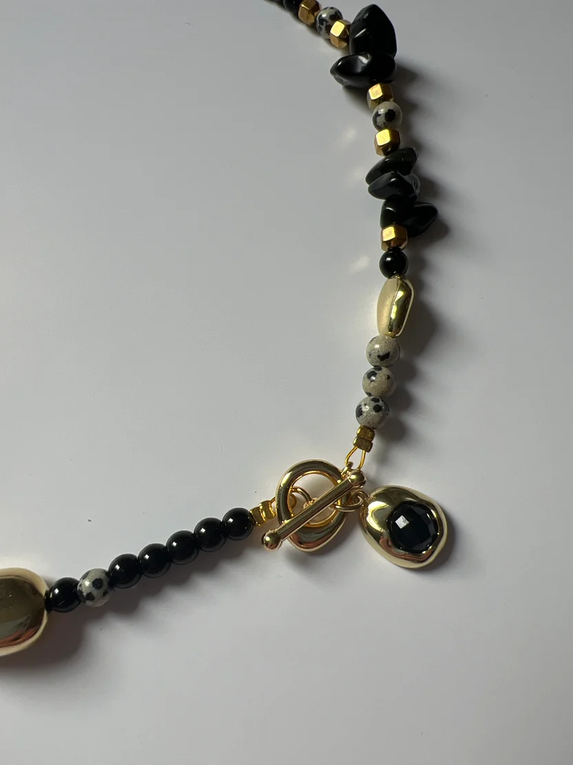 Gist Handcrafted Onyx & Dalmatian Jasper Statement Necklace womens clothing miloche york